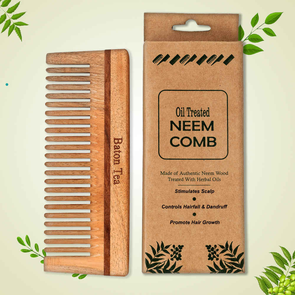 Baton 100% Pure Neem Wood Comb for Hair Growth & Dandruff Control | Anti-Static, Eco-Friendly & Gentle on Scalp | Ideal for Men & Women | Handmade Herbal Hair Comb