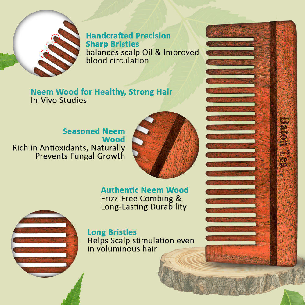 Baton 100% Pure Neem Wood Comb for Hair Growth & Dandruff Control | Anti-Static, Eco-Friendly & Gentle on Scalp | Ideal for Men & Women | Handmade Herbal Hair Comb