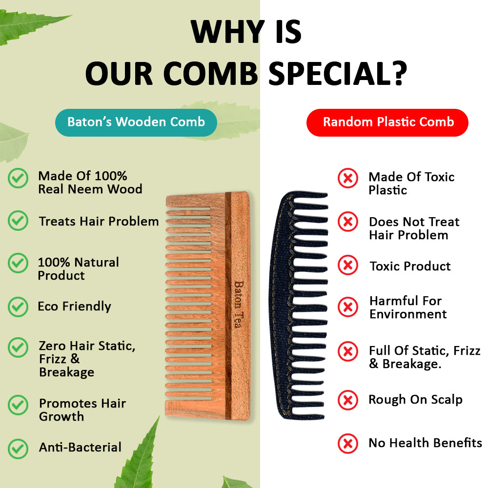 Baton 100% Pure Neem Wood Comb for Hair Growth & Dandruff Control | Anti-Static, Eco-Friendly & Gentle on Scalp | Ideal for Men & Women | Handmade Herbal Hair Comb