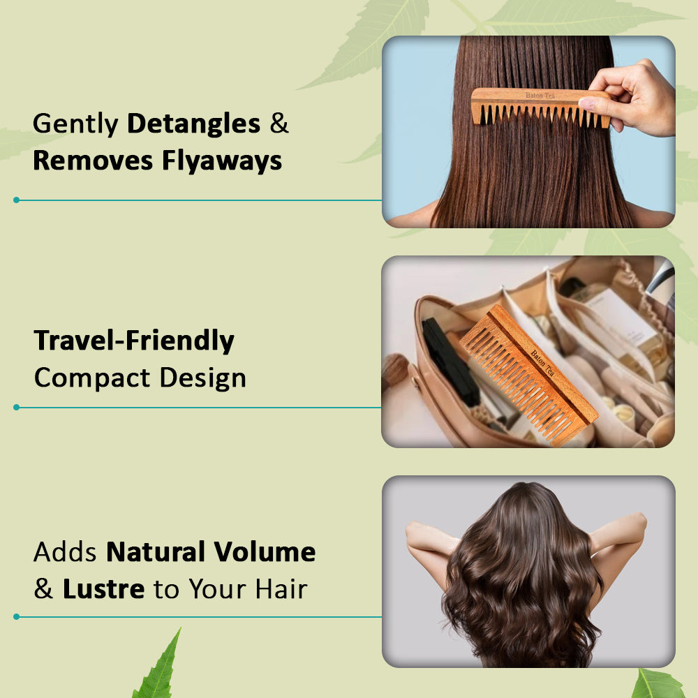 Baton 100% Pure Neem Wood Comb for Hair Growth & Dandruff Control | Anti-Static, Eco-Friendly & Gentle on Scalp | Ideal for Men & Women | Handmade Herbal Hair Comb