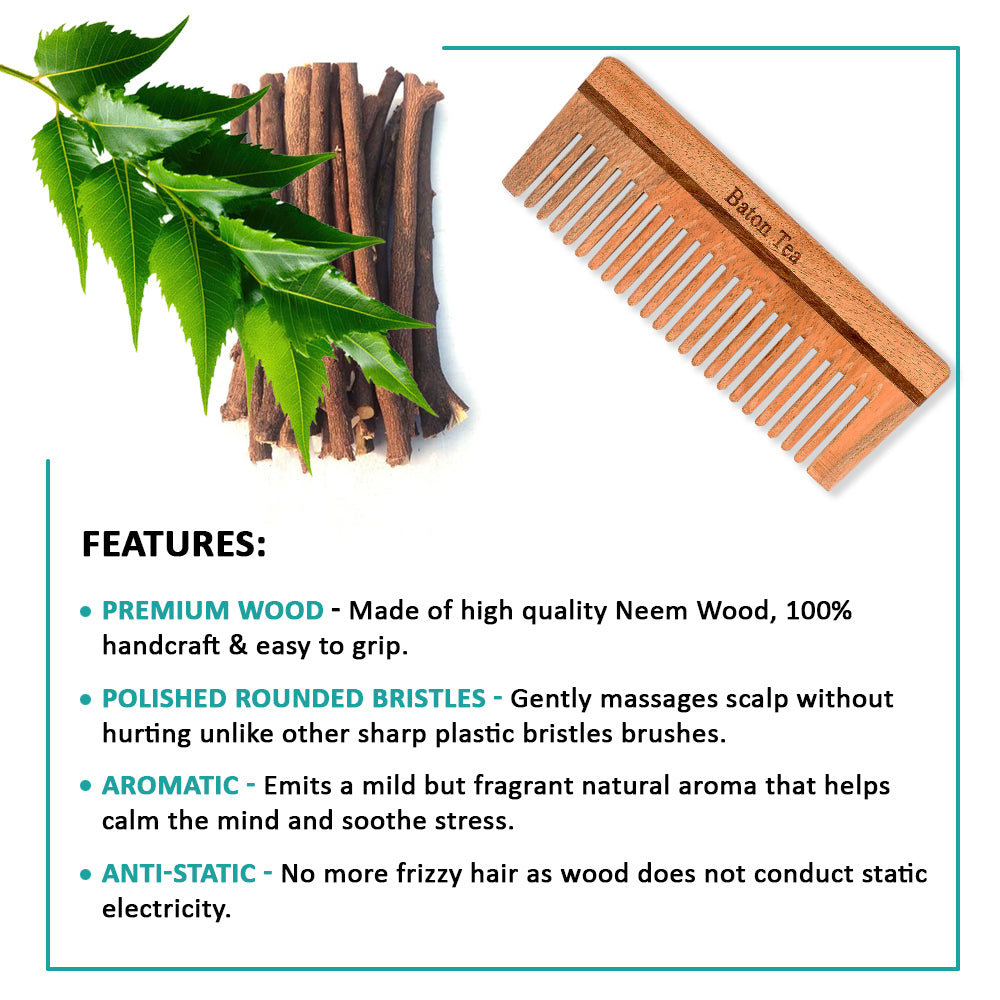 Baton 100% Pure Neem Wood Comb for Hair Growth & Dandruff Control | Anti-Static, Eco-Friendly & Gentle on Scalp | Ideal for Men & Women | Handmade Herbal Hair Comb