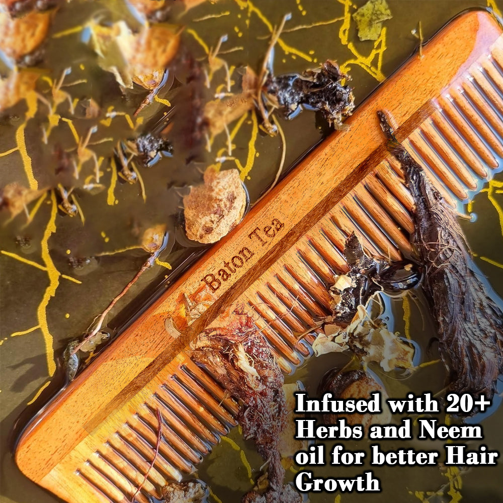 Baton 100% Pure Neem Wood Comb for Hair Growth & Dandruff Control | Anti-Static, Eco-Friendly & Gentle on Scalp | Ideal for Men & Women | Handmade Herbal Hair Comb