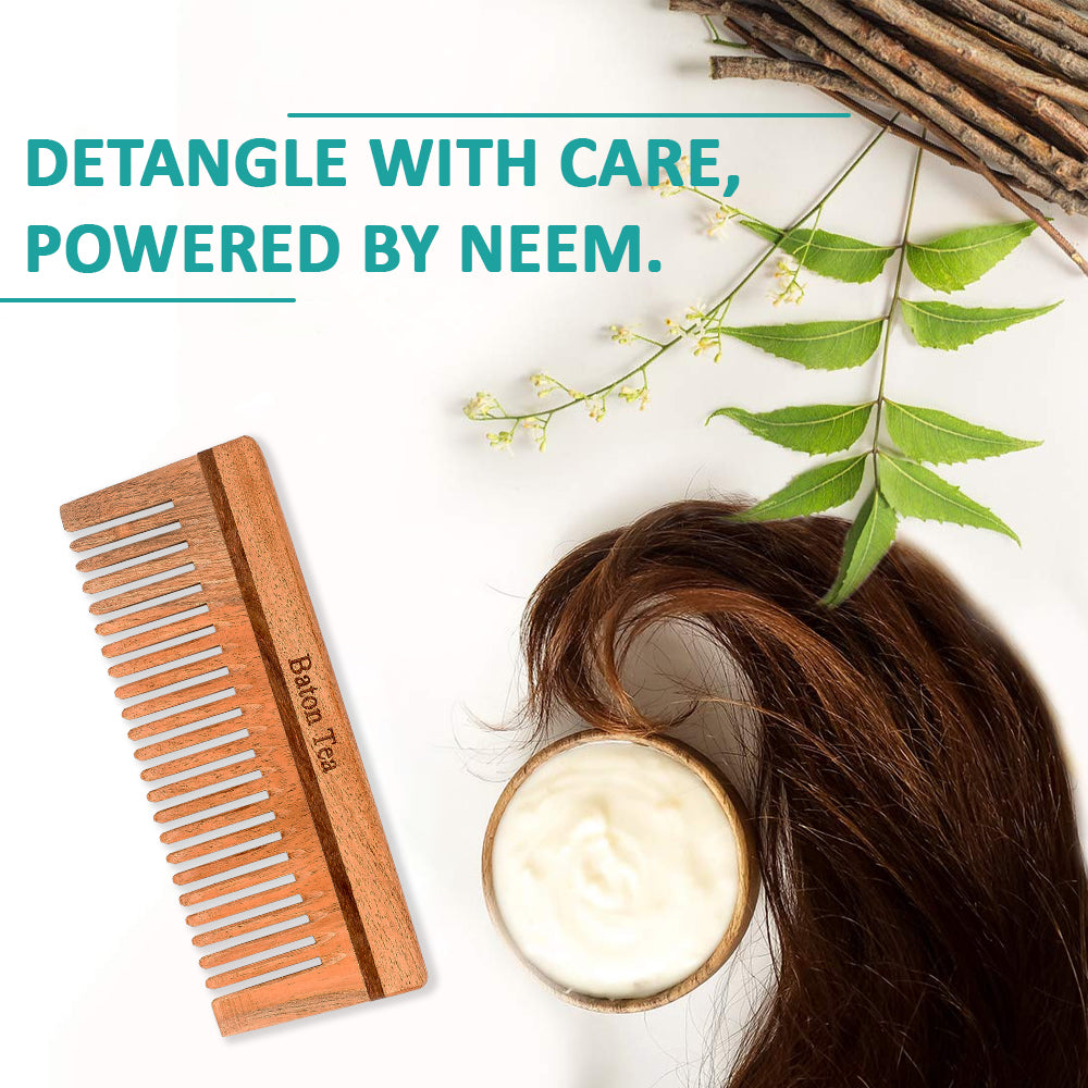 Baton 100% Pure Neem Wood Comb for Hair Growth & Dandruff Control | Anti-Static, Eco-Friendly & Gentle on Scalp | Ideal for Men & Women | Handmade Herbal Hair Comb