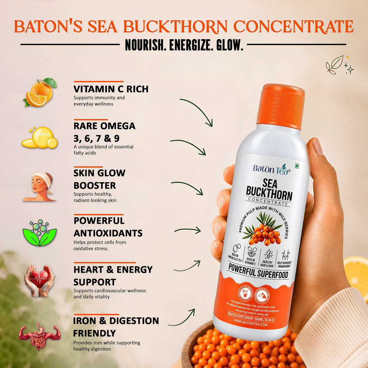 Baton Tea Sea Buckthorn Concentrate Plastic Bottle- Vitamin C Rich Superfood Juice | Natural Antioxidant Drink