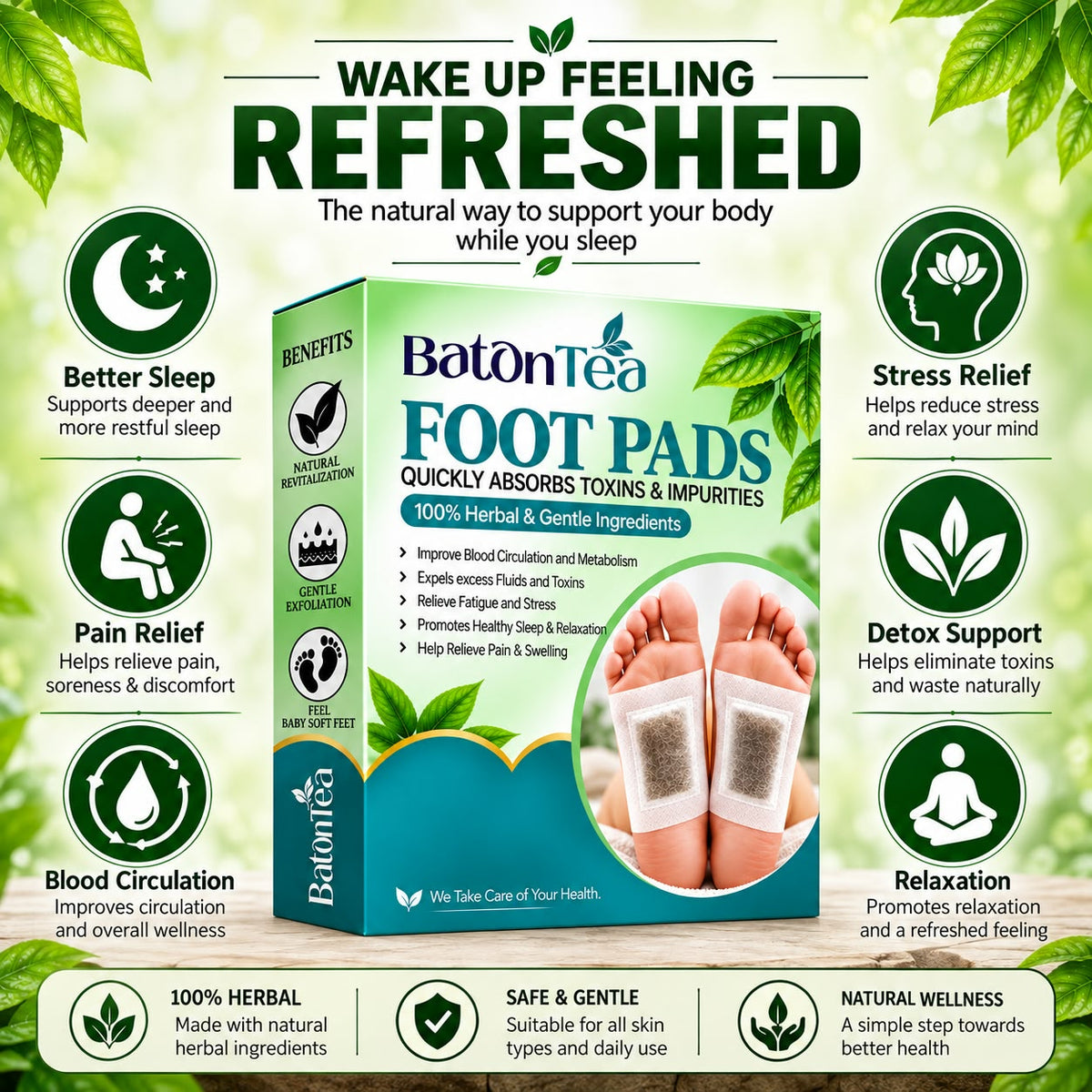 Baton Herbal Detox Foot Patches | Bamboo Vinegar & Ginger Foot Pads | Deep Cleansing Foot Patch | Overnight Foot Care & Relaxation