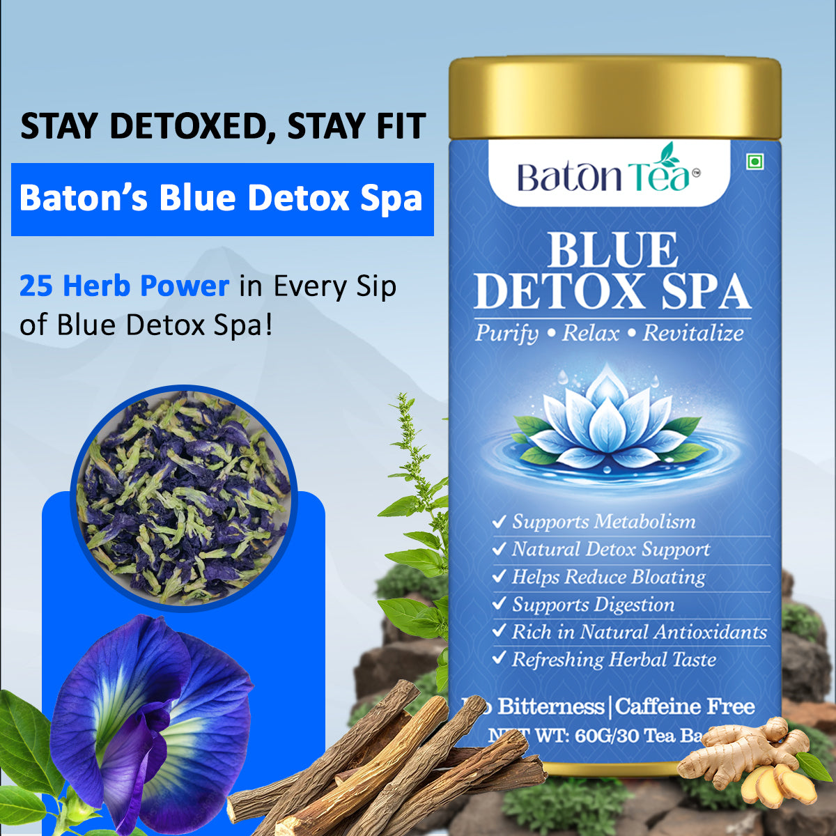 Baton Tea Blue Detox Tea – Natural Herbal Detox Tea, Caffeine-Free & Antioxidant-Rich