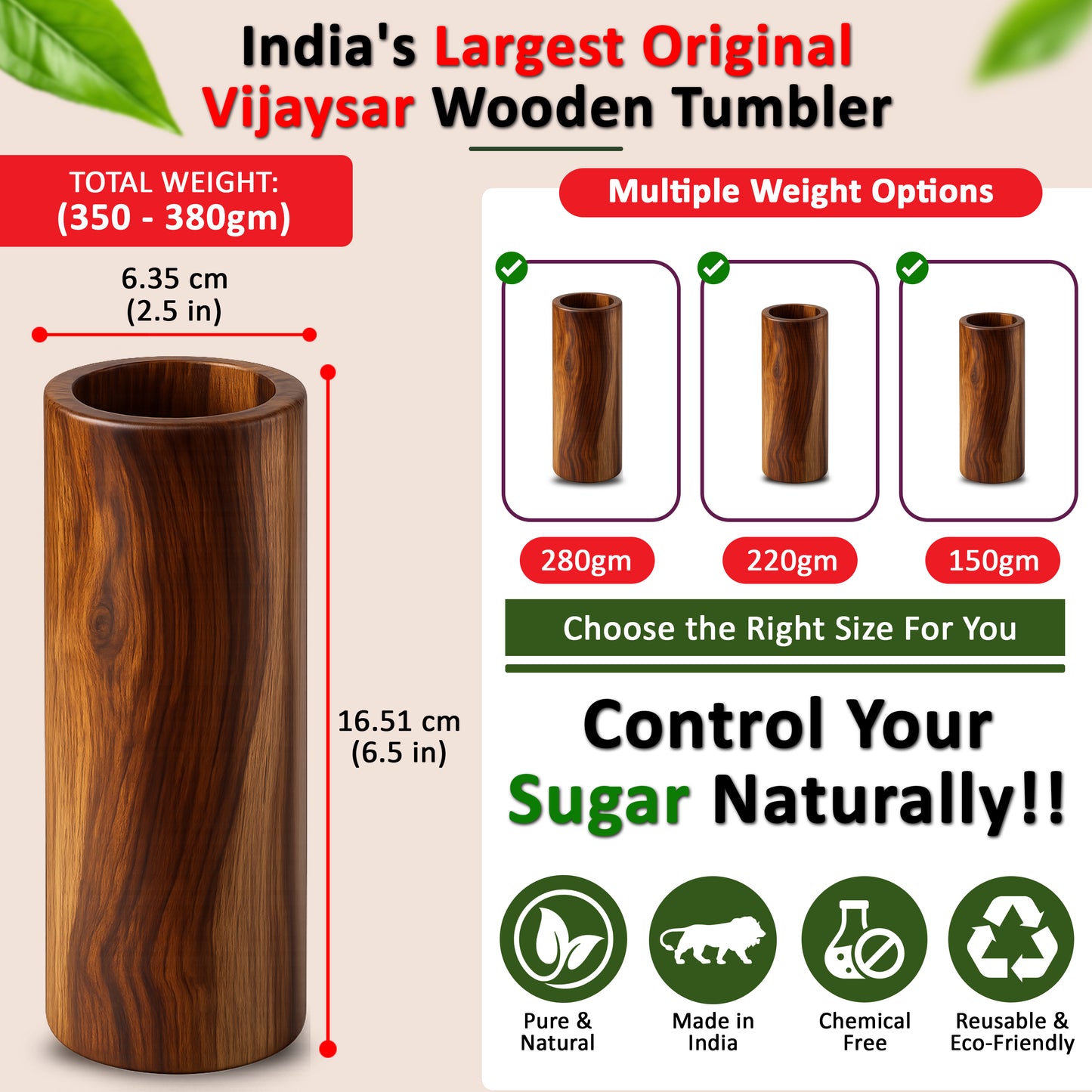 Baton Tea Vijaysar Jambo Wooden Tumbler – 100% Pure Natural Wooden Water Glass