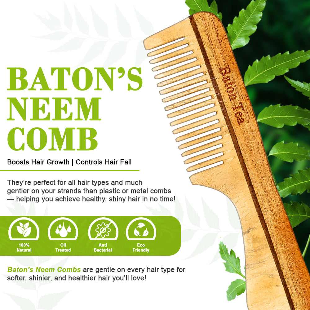 Baton 100% Pure Neem Wood Handel Comb for Hair Growth & Dandruff Control