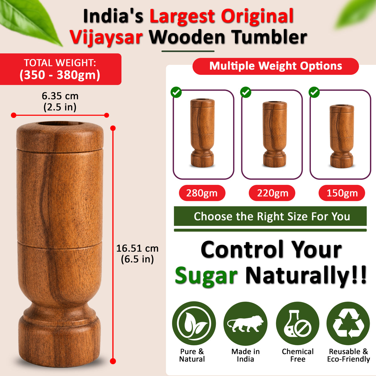 Baton Tea Vijaysar Large Wooden Tumbler – 100% Pure Natural Wooden Water Glass