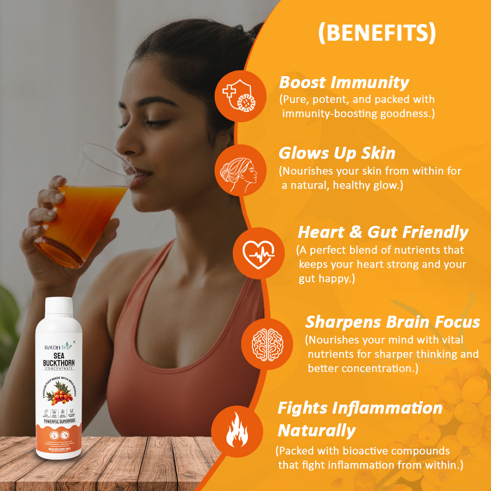 Woman drinking Sea Buckthorn Juice with health benefits 