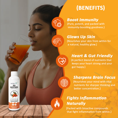 Woman drinking Sea Buckthorn Juice with health benefits 