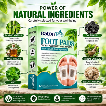 Baton Herbal Detox Foot Patches | Bamboo Vinegar & Ginger Foot Pads | Deep Cleansing Foot Patch | Overnight Foot Care & Relaxation
