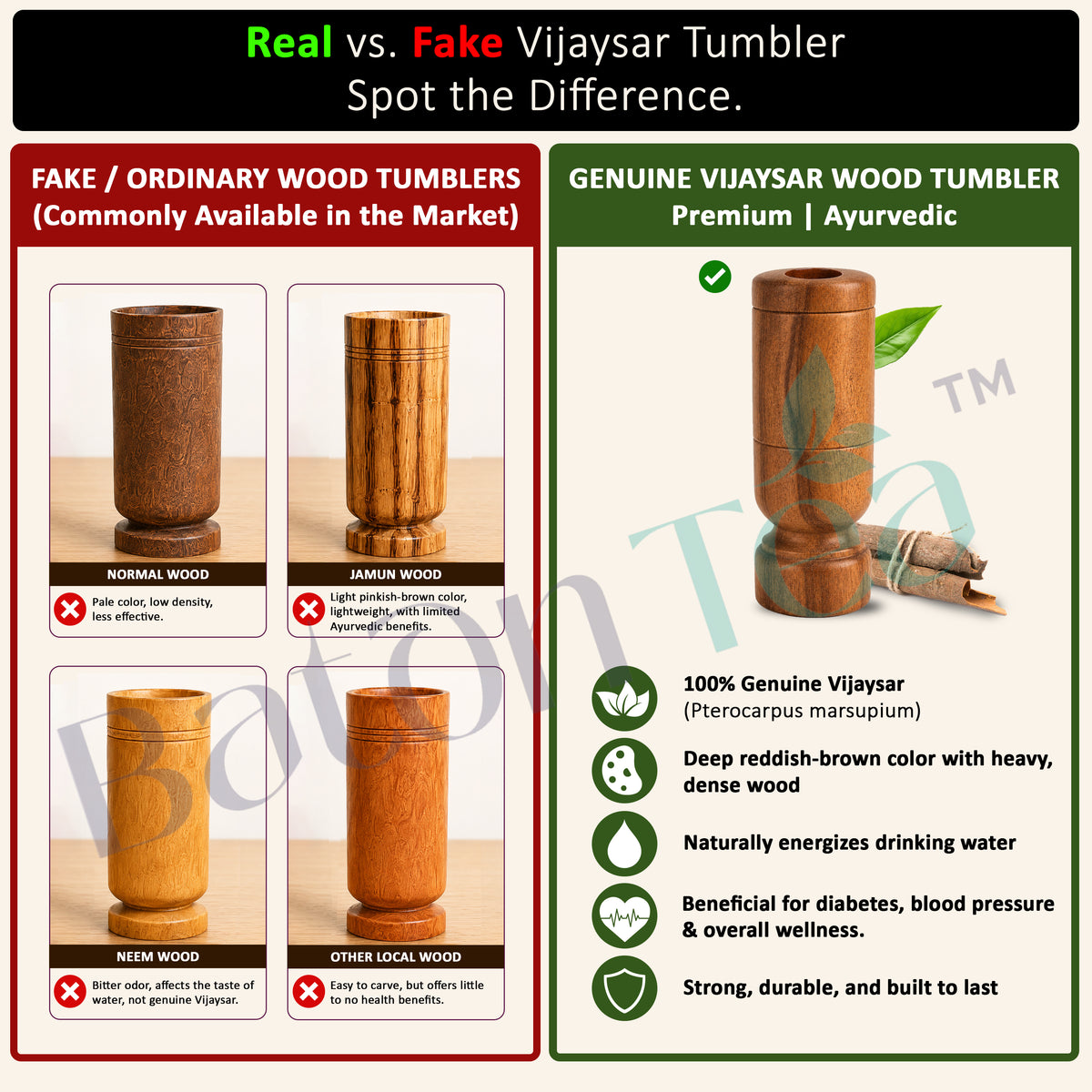 Baton Tea Vijaysar Large Wooden Tumbler – 100% Pure Natural Wooden Water Glass