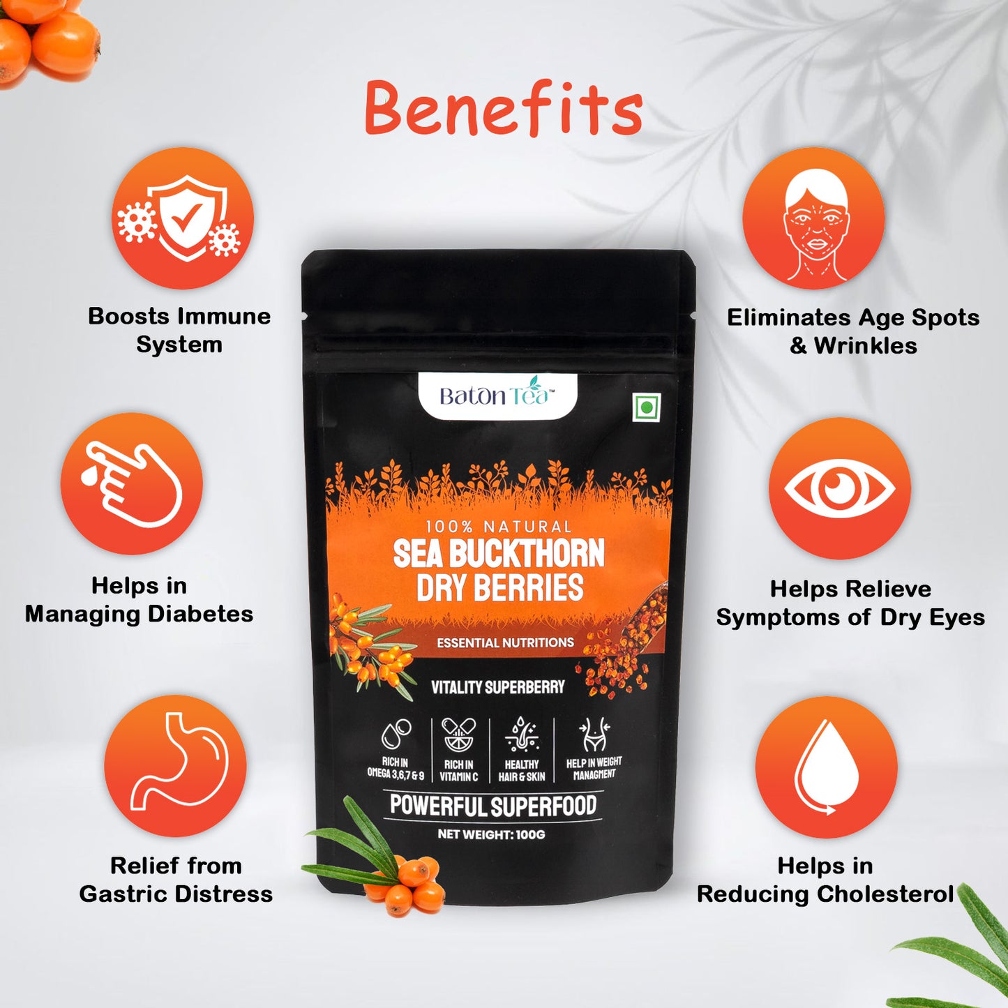 Sea Buckthorn Dry Berries | 100% Pure & Nutrient-Rich | 100GM