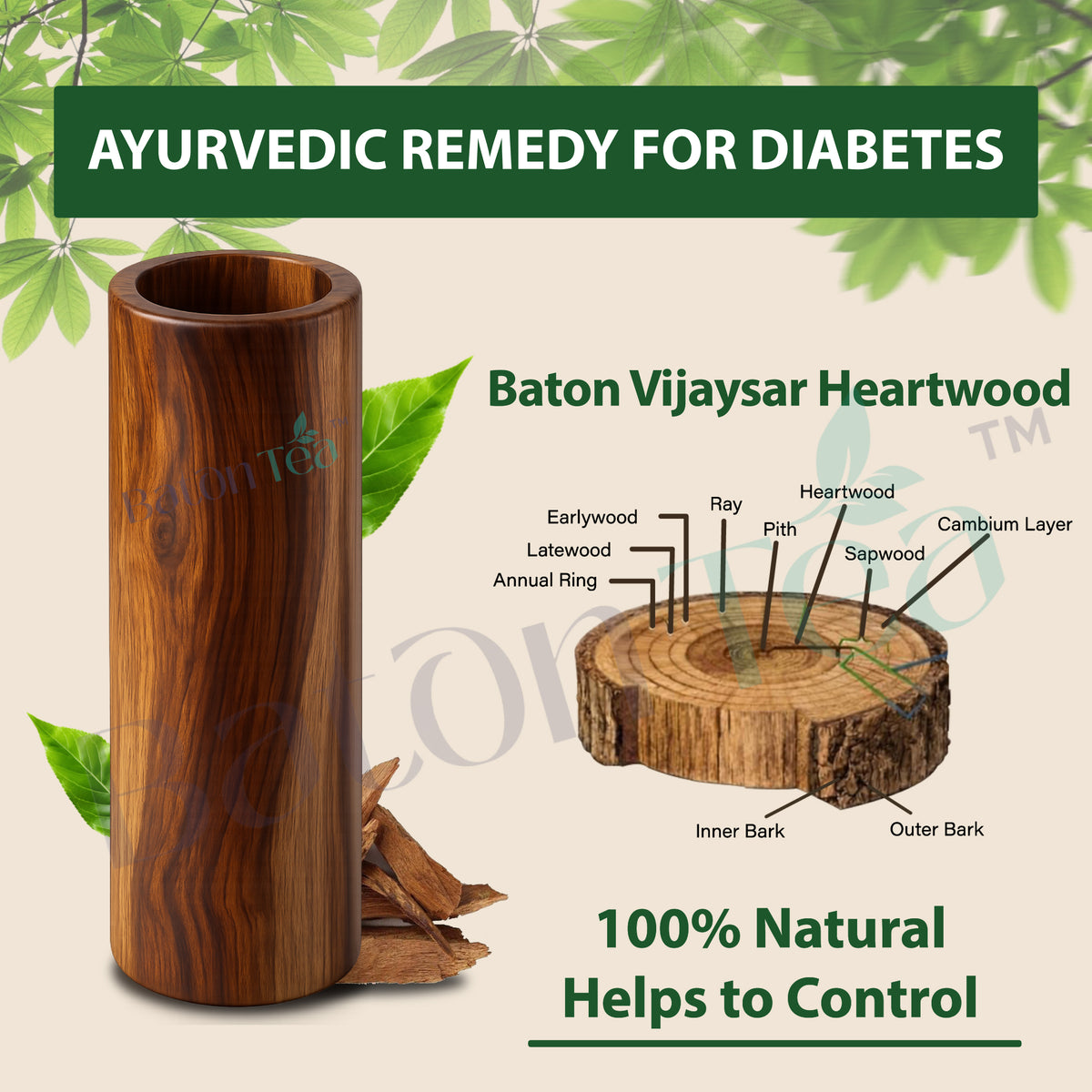 Baton Tea Vijaysar Jambo Wooden Tumbler – 100% Pure Natural Wooden Water Glass