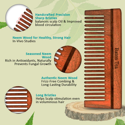 Baton 100% Pure Neem Wood Comb for Hair Growth & Dandruff Control | Anti-Static, Eco-Friendly & Gentle on Scalp | Ideal for Men & Women | Handmade Herbal Hair Comb
