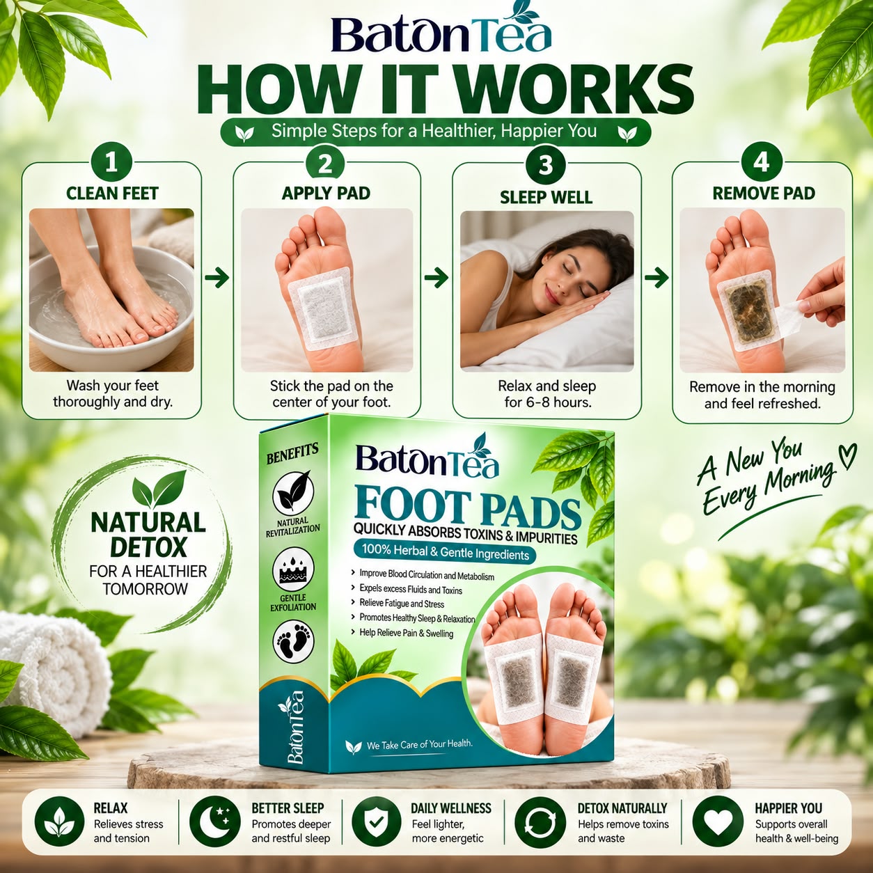 Baton Herbal Detox Foot Patches | Bamboo Vinegar & Ginger Foot Pads | Deep Cleansing Foot Patch | Overnight Foot Care & Relaxation