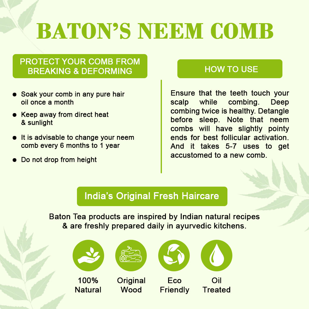 Baton 100% Pure Neem Wood Comb Combo Pack for Hair Growth & Dandruff Control
