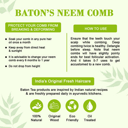 Baton 100% Pure Neem Wood Comb Combo Pack for Hair Growth & Dandruff Control
