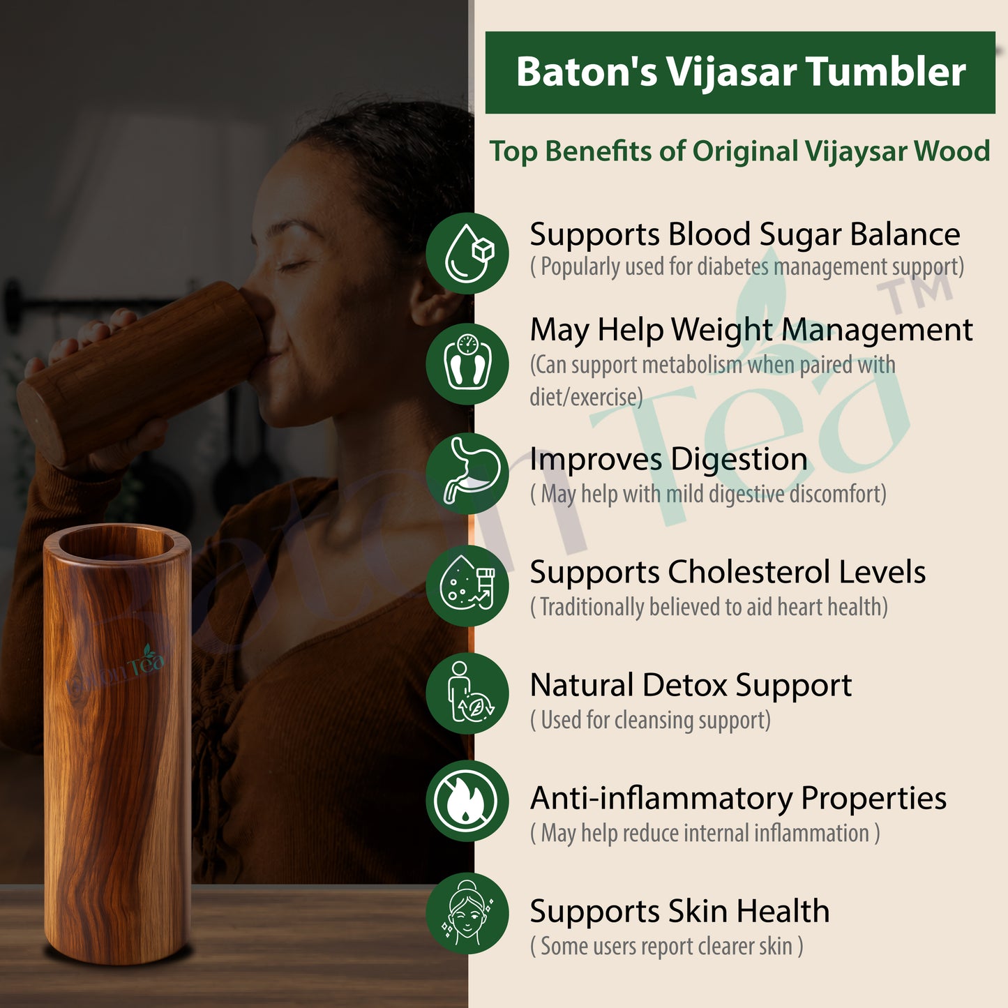 Baton Tea Vijaysar Jambo Wooden Tumbler – 100% Pure Natural Wooden Water Glass