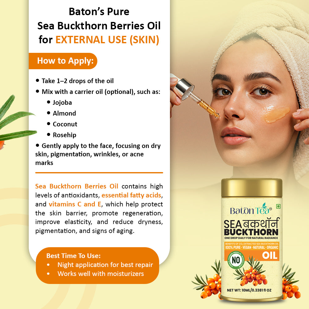 BATON TEA Sea Buckthorn Berry Oil 10ml | Collagen Boosting Face & Hair Oil