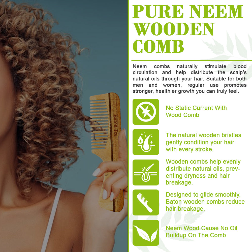 Baton 100% Pure Neem Wood Handel Comb for Hair Growth & Dandruff Control