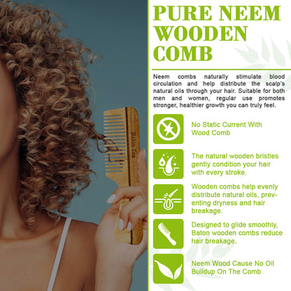 Baton 100% Pure Neem Wood Handel Comb for Hair Growth & Dandruff Control