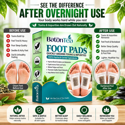 Baton Herbal Detox Foot Patches | Bamboo Vinegar & Ginger Foot Pads | Deep Cleansing Foot Patch | Overnight Foot Care & Relaxation