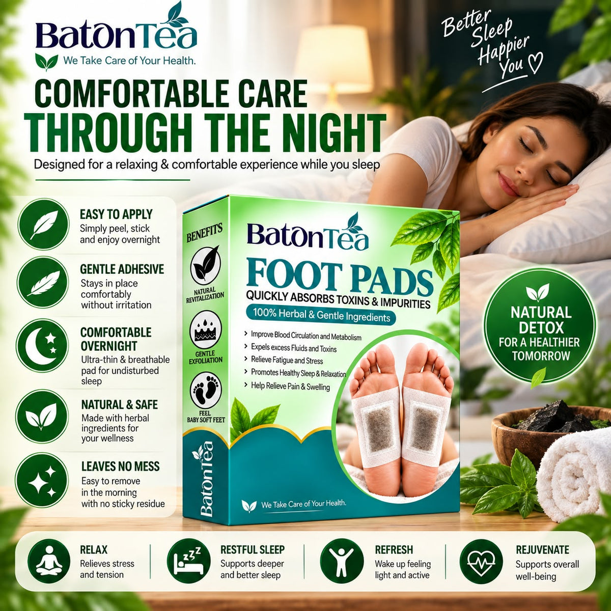 Baton Herbal Detox Foot Patches | Bamboo Vinegar & Ginger Foot Pads | Deep Cleansing Foot Patch | Overnight Foot Care & Relaxation