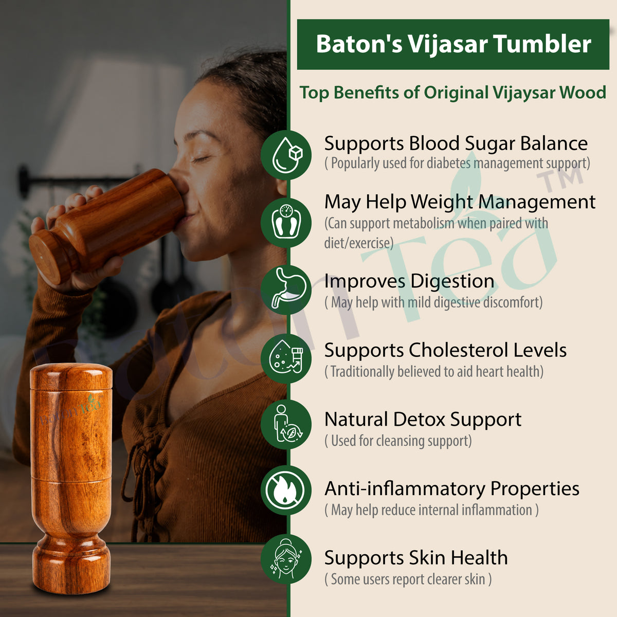 Baton Tea Vijaysar Large Wooden Tumbler – 100% Pure Natural Wooden Water Glass