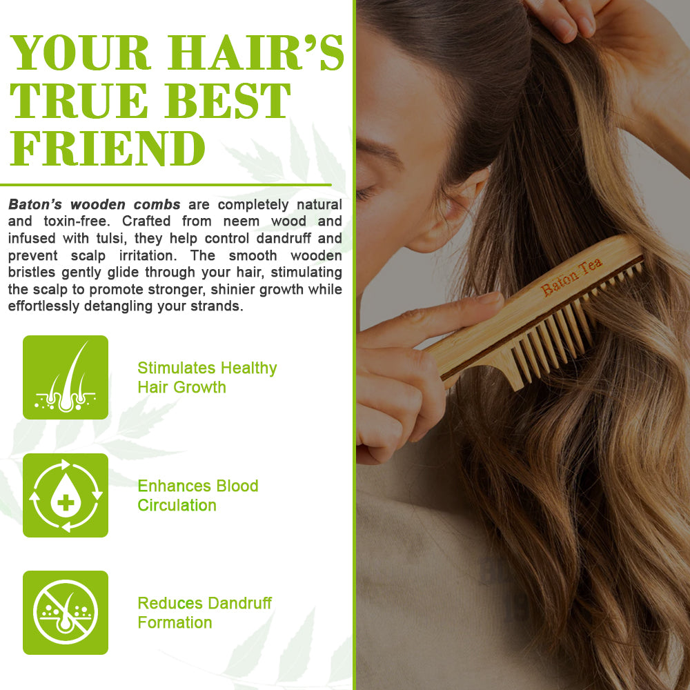 Baton 100% Pure Neem Wood Handel Comb for Hair Growth & Dandruff Control