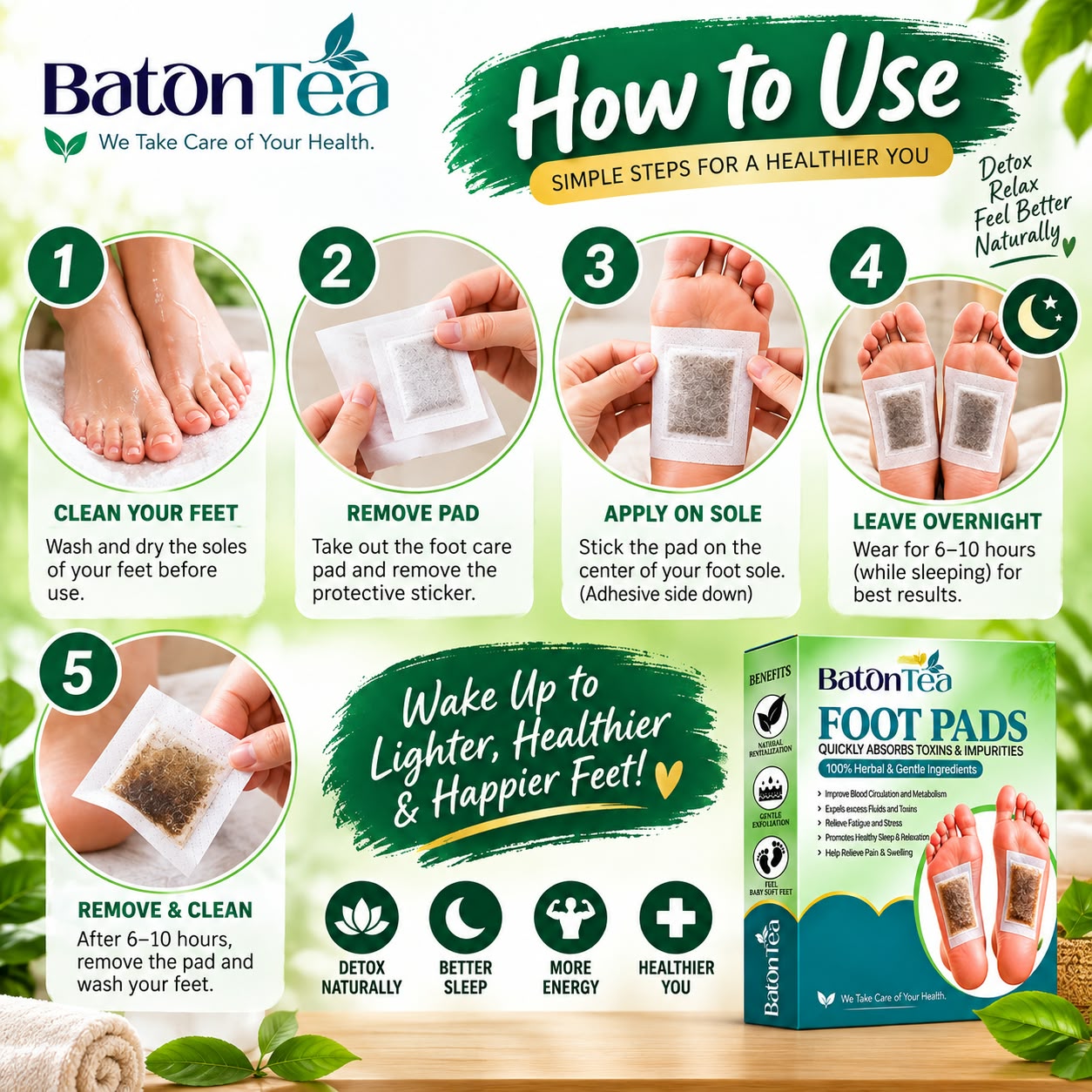 Baton Herbal Detox Foot Patches | Bamboo Vinegar & Ginger Foot Pads | Deep Cleansing Foot Patch | Overnight Foot Care & Relaxation