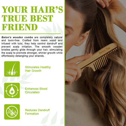 Baton 100% Pure Neem Wood Comb Combo Pack for Hair Growth & Dandruff Control