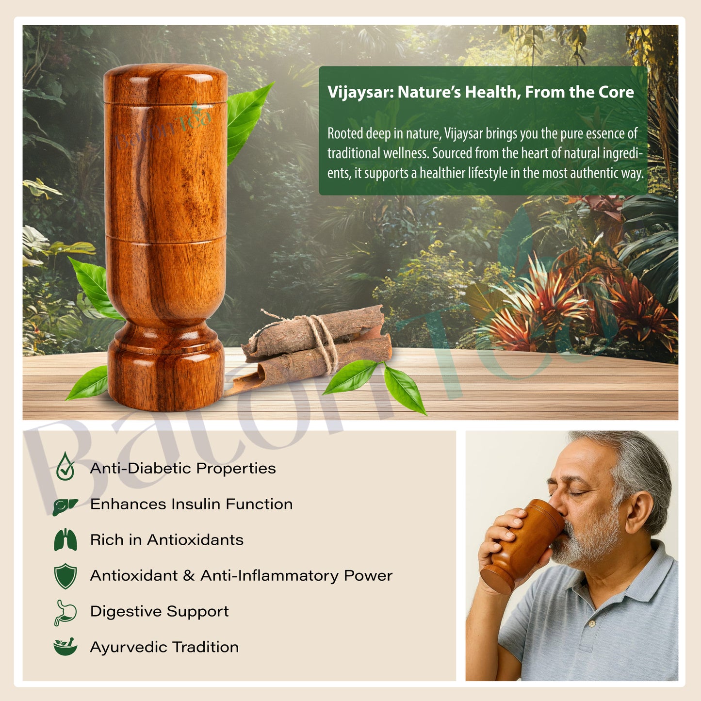 Baton Tea Vijaysar Large Wooden Tumbler – 100% Pure Natural Wooden Water Glass