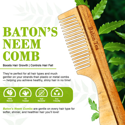 Baton 100% Pure Neem Wood Comb Combo Pack for Hair Growth & Dandruff Control