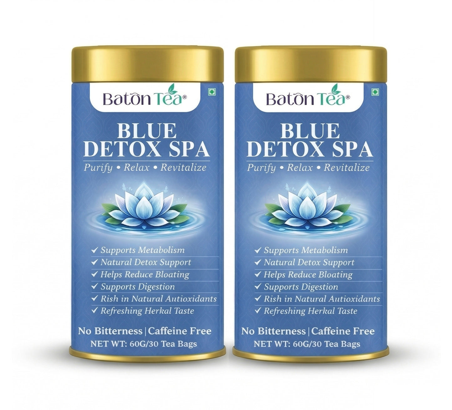 Two cans of Baton Tea Blue Tea
