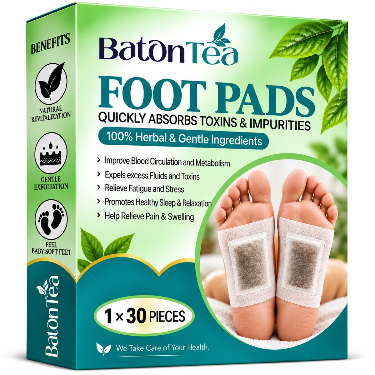 Baton Herbal Detox Foot Patches | Bamboo Vinegar & Ginger Foot Pads | Deep Cleansing Foot Patch | Overnight Foot Care & Relaxation