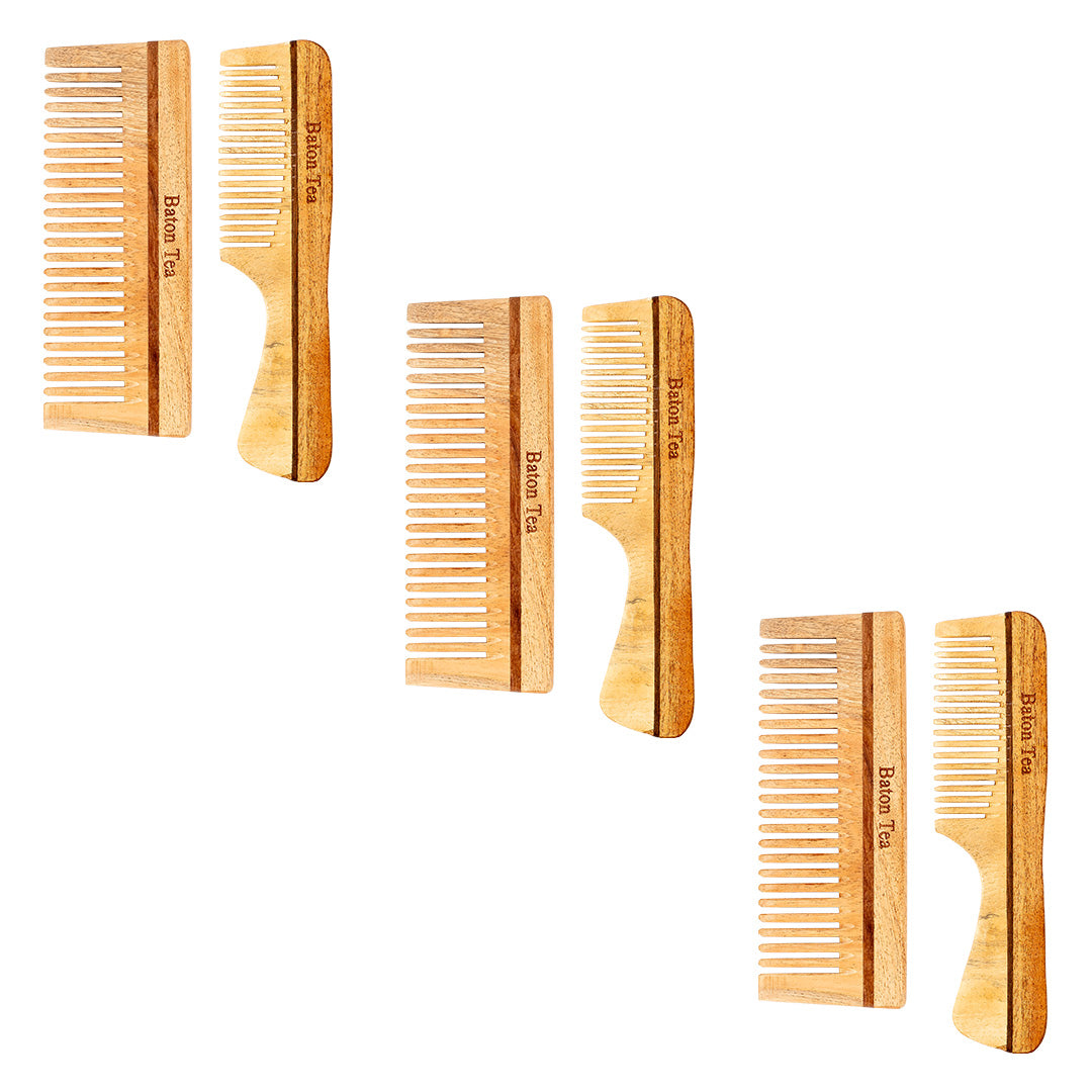 Baton 100% Pure Neem Wood Comb Combo Pack for Hair Growth & Dandruff Control